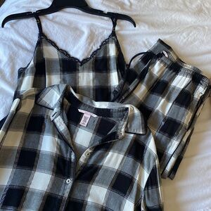 Victoria’s Secret LOVE 3 piece cozy flannel PJ set medium. Metallic black white